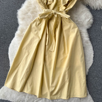 VAKKV Cute A-line Short Sleeve Dress, Yellow Fashion Dress P272