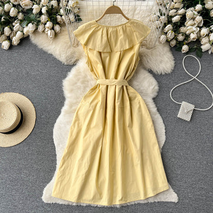 VAKKV Cute A-line Short Sleeve Dress, Yellow Fashion Dress P272