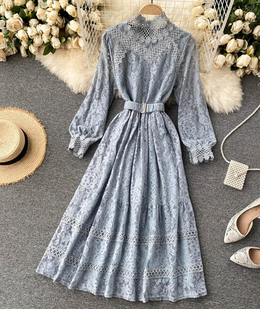 VAKKV Elegant O-neck Lace Long Sleeve Dress P316