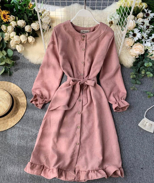 VAKKV Long Sleeve Ruffle Hem Button Down Dress P307