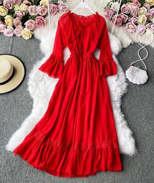 VAKKV Red A Line Chiffon Dress Fashion Girl Dress P303