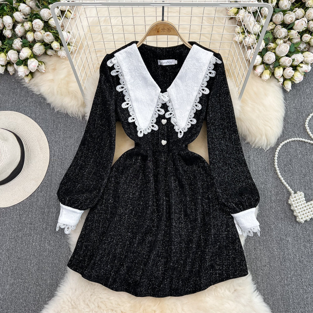 VAKKV Black A-line Long Sleeve Dress, Black Fashion Dress P289
