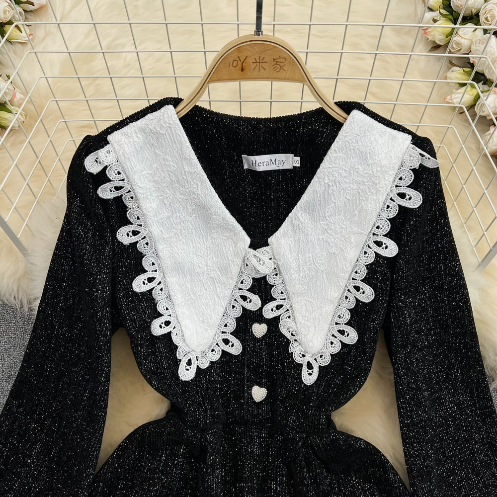 VAKKV Black A-line Long Sleeve Dress, Black Fashion Dress P289