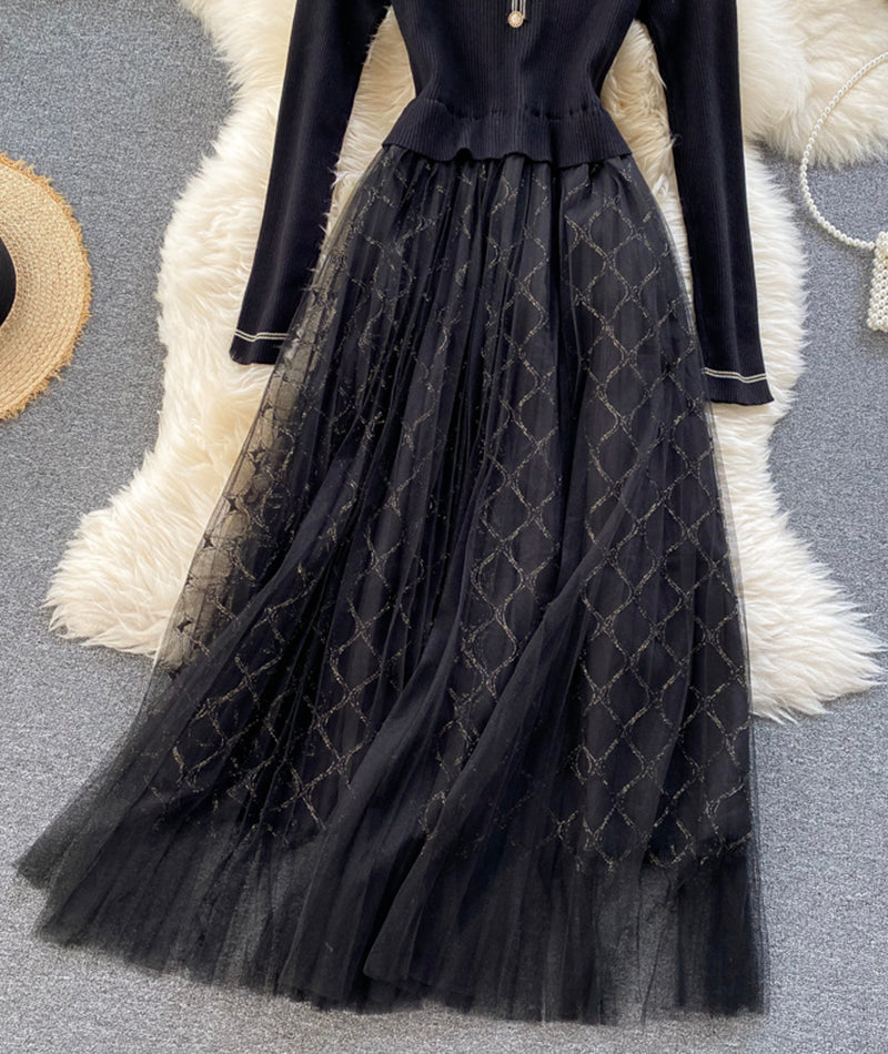 VAKKV Elegant Knitted Tulle Splicing Dress P319