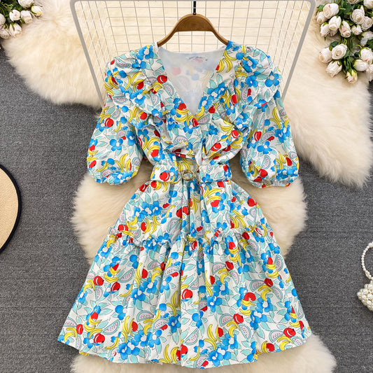 VAKKV Cute V-neck Floral Dresses, A-line Fashion Dresses P286