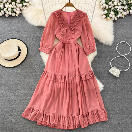 VAKKV Cute A-line Chiffon Dresses, V-neck 1/2 Sleeve Fashion Dresses P287