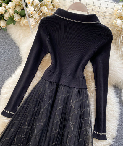 VAKKV Elegant Knitted Tulle Splicing Dress P319