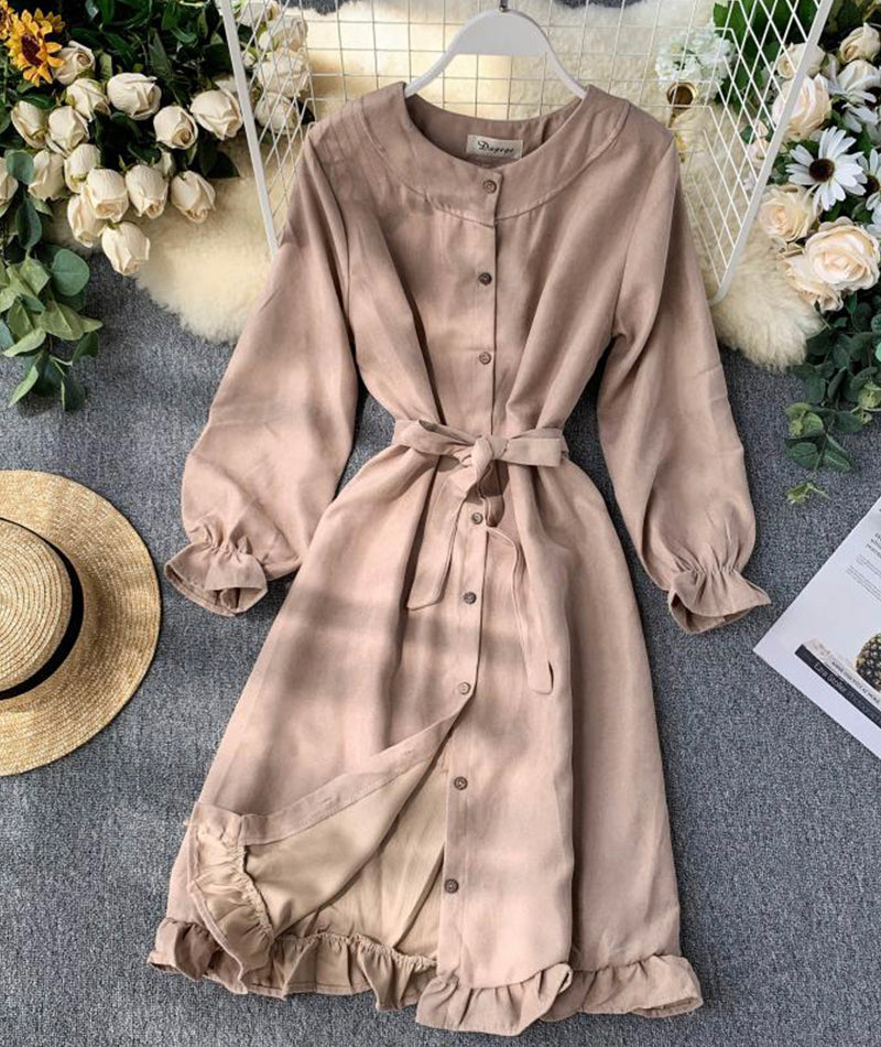 VAKKV Long Sleeve Ruffle Hem Button Down Dress P307