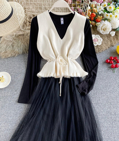 VAKKV Cute V Neck Knitted Vest+ Long Sleeve Dress Two Pieces Sets P297