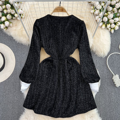 VAKKV Black A-line Long Sleeve Dress, Black Fashion Dress P289