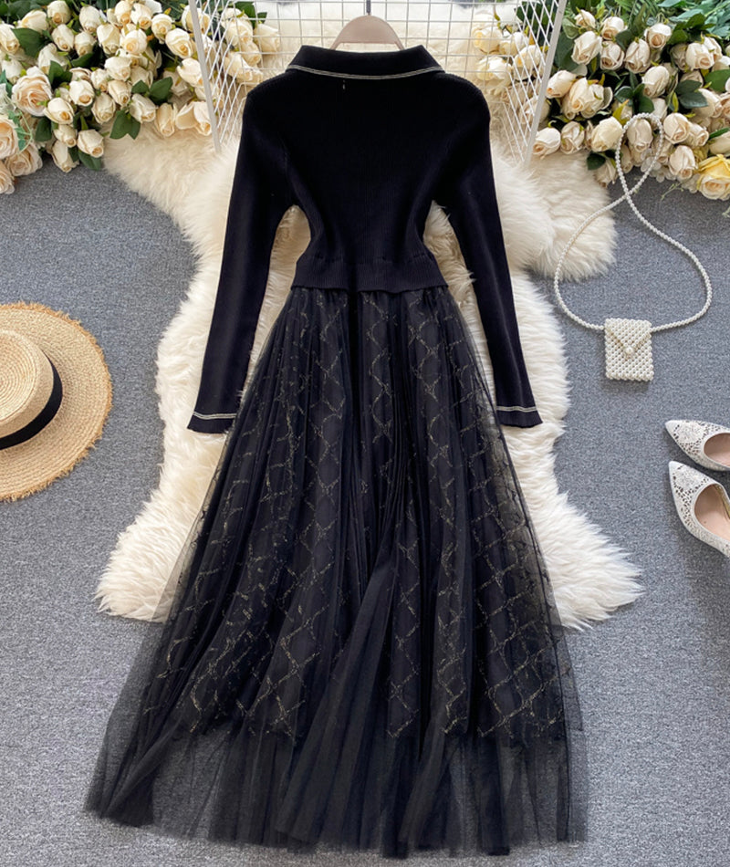 VAKKV Elegant Knitted Tulle Splicing Dress P319