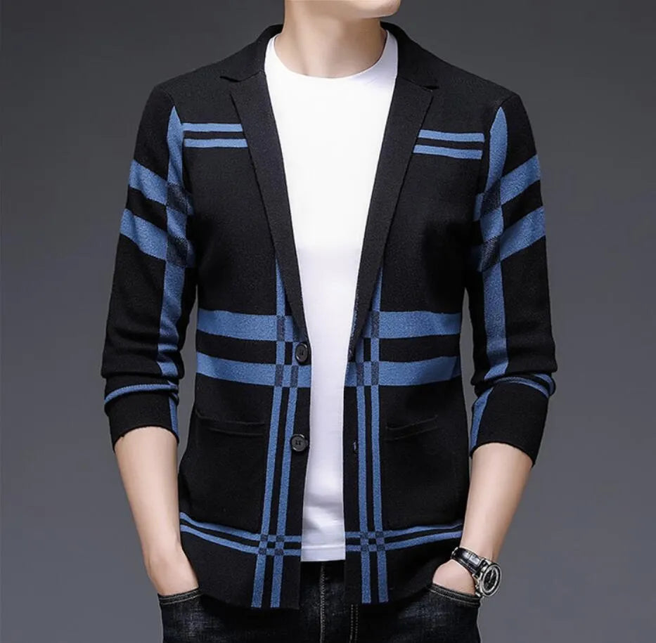 spring and autumn new men's cardigan Korean striped sweater suit young and middle-aged casual fashion sweater jacket