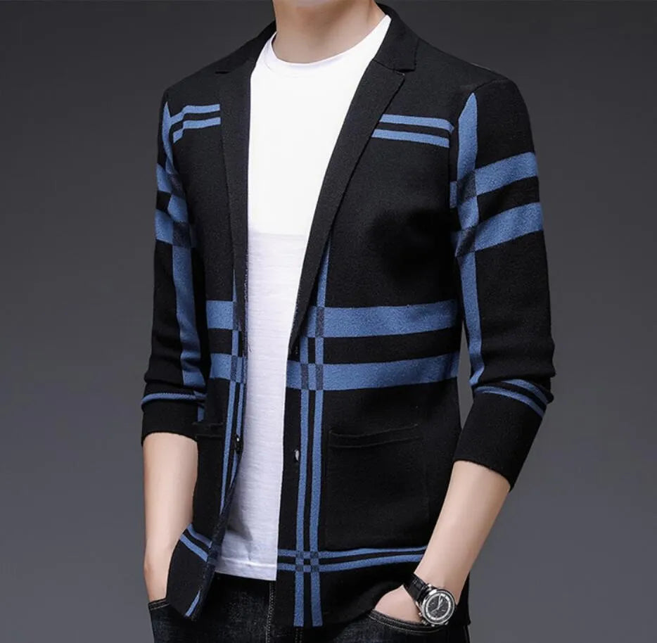 spring and autumn new men's cardigan Korean striped sweater suit young and middle-aged casual fashion sweater jacket