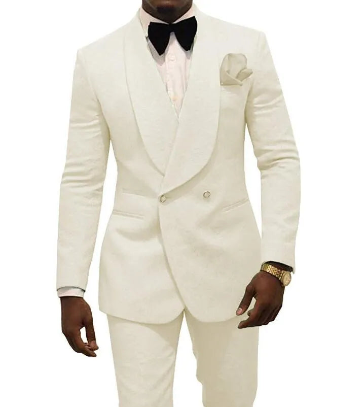 White Men Wedding Tuxedos Shawl Lapel Groom Suits Blazer 2 Piece Dobby Prom Party Dinner Jacket Attire Custom Made(Jacket+Pants+Bow)