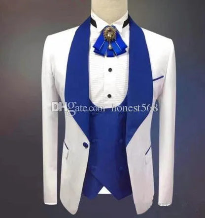 Customize Shawl Lapel Handsome White Groom Tuxedos Groomsmen Man Suit Mens Wedding Suits Bridegroom Jacket Pants Vest Tie 0001