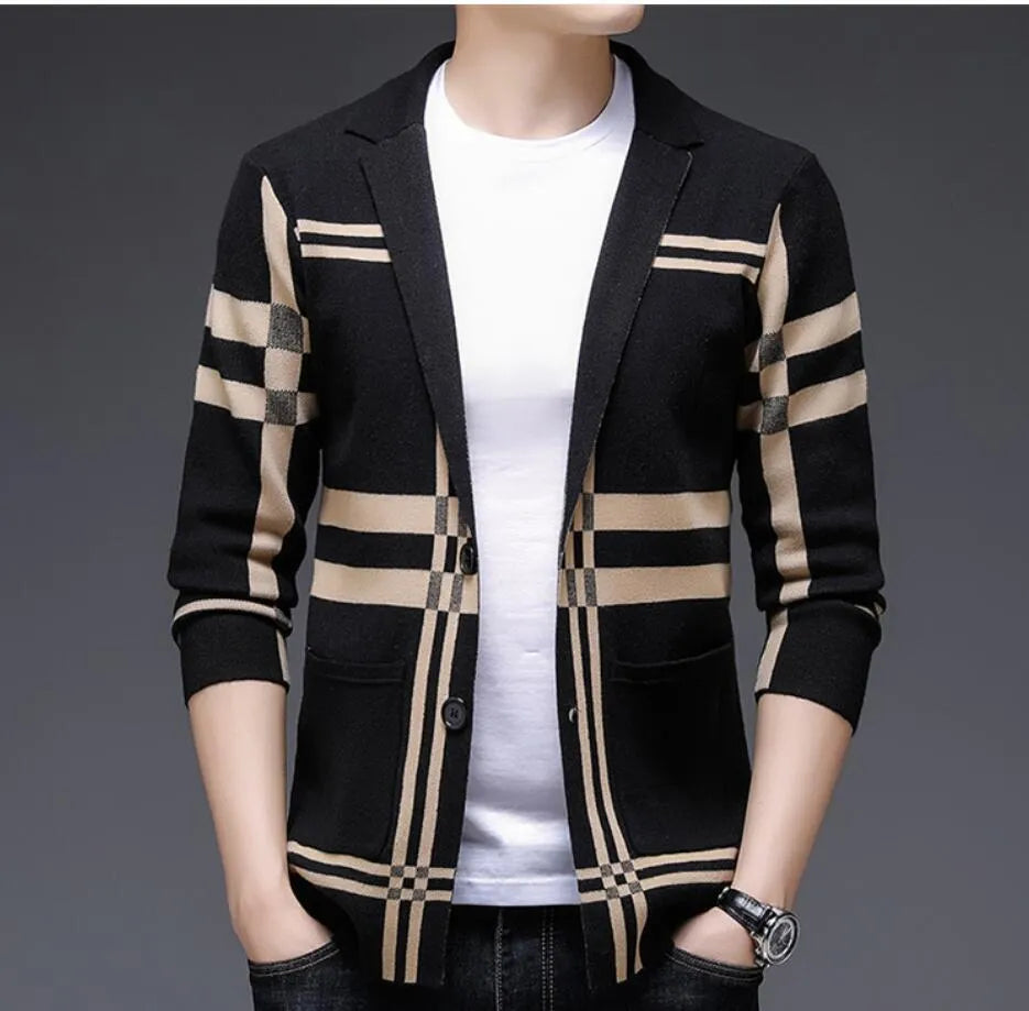 spring and autumn new men's cardigan Korean striped sweater suit young and middle-aged casual fashion sweater jacket