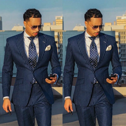 Classic Navy Blue Chalk Stripe Wedding Tuxedos Mens Suit Two Pieces Formal Business Mens Jacket Blazer Groom Tuxedo