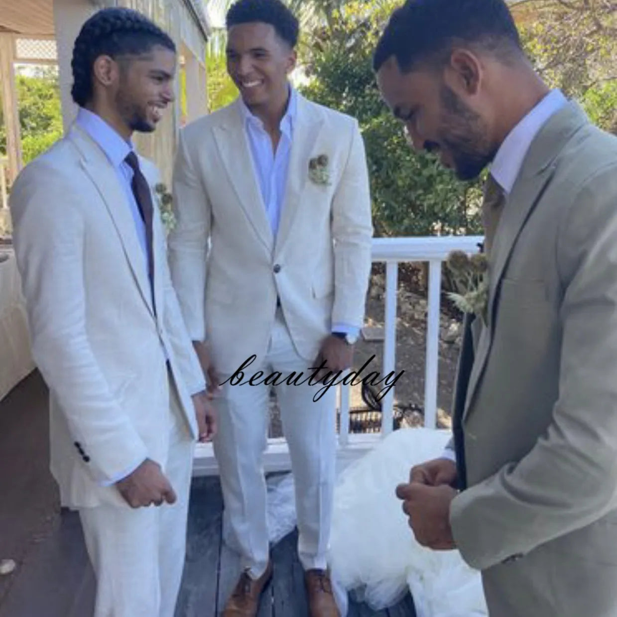 Beige Wedding Tuxedos  Linen Men's Beach Summer Suits Groom Wear Boho Party Formal Bestman Outfits Blazer Holiday Engagement