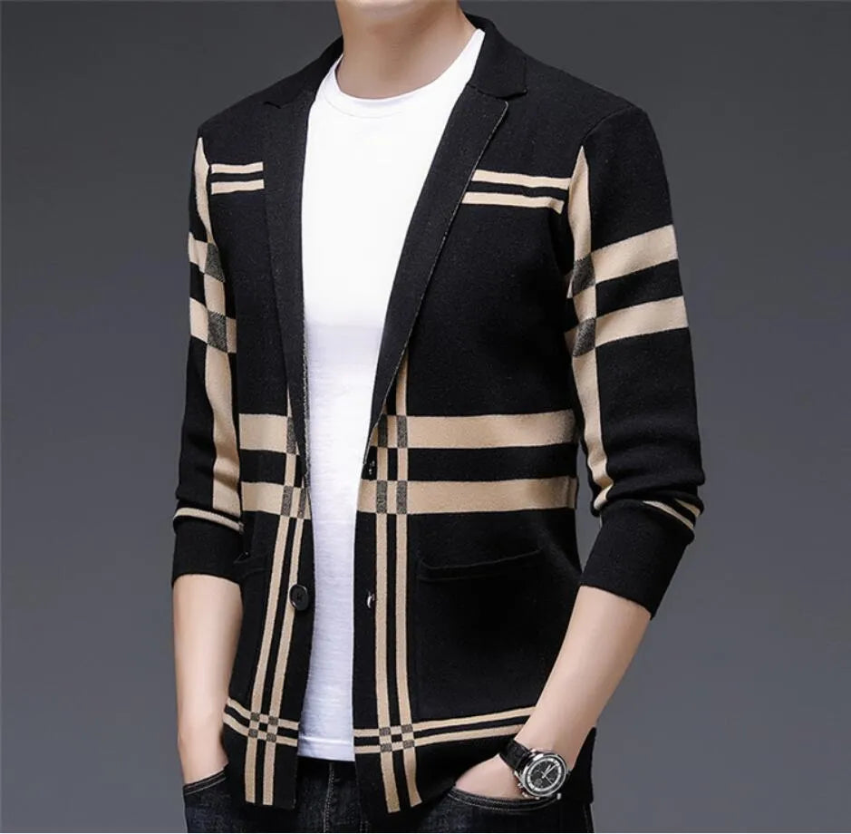 spring and autumn new men's cardigan Korean striped sweater suit young and middle-aged casual fashion sweater jacket