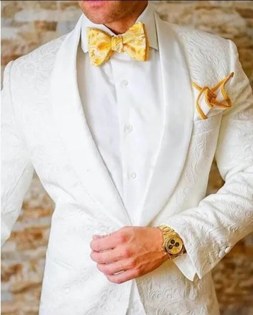 Latest Design Groom Tuxedos Side Vent White Paisley Shawl Lapel Wedding Clothes Men Party Prom Suits Coat Trouses Sets K 82