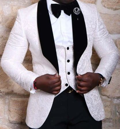 Real Photo Groom Tuxedos Weaving Brocade Jacquard Men Party Business Suits 3 Piece Prom Blazer Dress Customize W1450