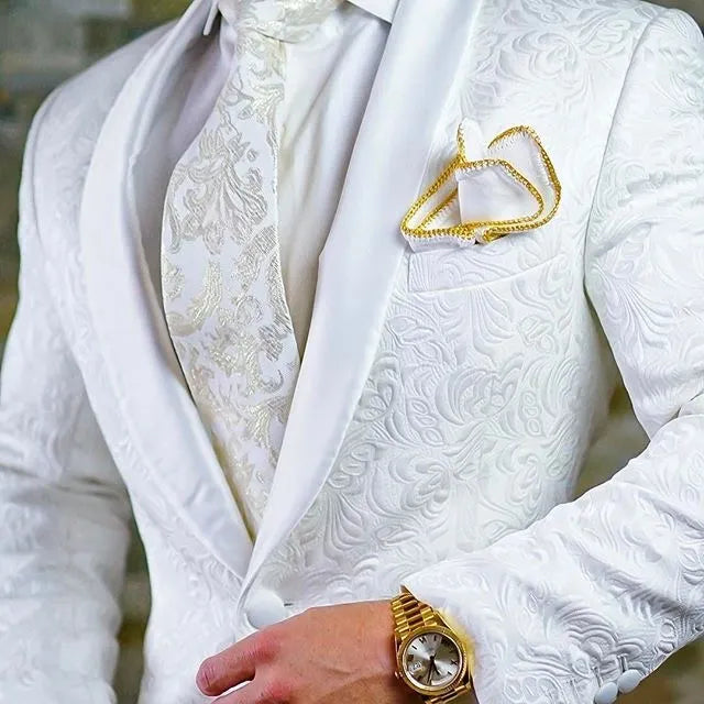 Latest Design Groom Tuxedos Side Vent White Paisley Shawl Lapel Wedding Clothes Men Party Prom Suits Coat Trouses Sets K 82