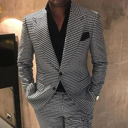 Houndstooth Groom Tuxedos Peak Lapel Men Wedding Tuxedo Fashion Men Jacket Blazer Men Prom Dinner/Darty Suit(Jacket+Pants+Tie) 1592