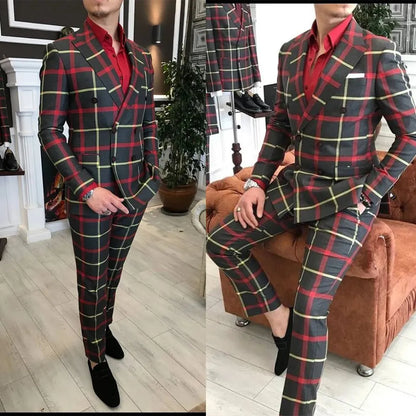 One Damier Groom Tuxedos Newest Check Button Red Shawl Lapel Slim Fit Mens Wedding Suits Formal Party Prom Suit Custom Made(Jacket+Pants)