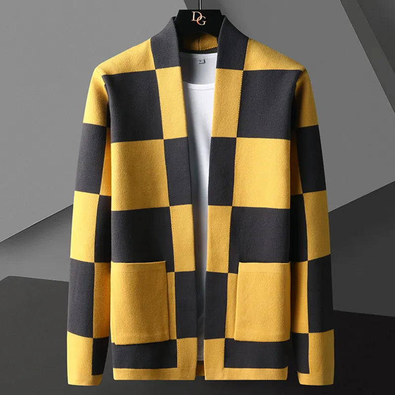 British Style Autumn New Knitted Cardigan Sweater Trend Brand Fashion Plaid Cardigan Coat Men Leisure Yellow Blue Mens Sweaters