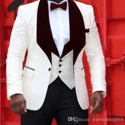 Customize Shawl Lapel Handsome White Groom Tuxedos Groomsmen Man Suit Mens Wedding Suits Bridegroom Jacket Pants Vest Tie 0001